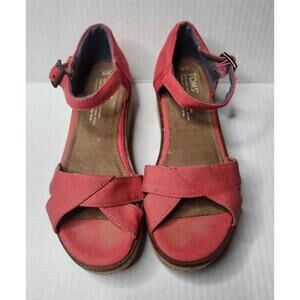 TOMS Shoes Womens Size 6 Canvas Cork Wedge Platform Sandals Ankle Strap Summer